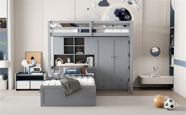 English Elm Twin Bunk Bed with Wardrobe Drawers Hydraulic Lift Shelves Kids Storage Gray LT000666AAE-1