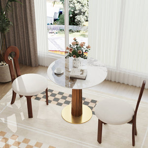 English Elm Modern Round Dining Table, 33.5" Sleek Sintered Stone Top With Wooden Legs & Gold Base For 2-Person Use W1535S00598