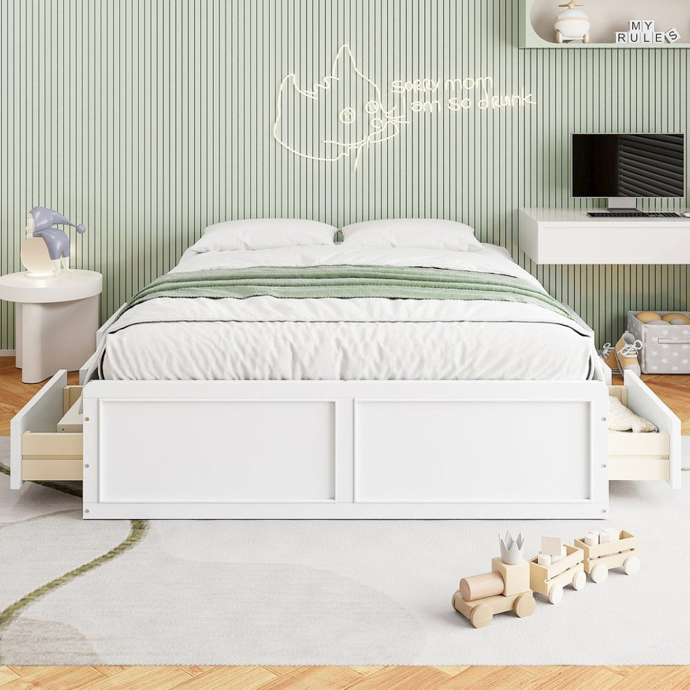 English Elm Wood Queen Platform Bed Solid Pine Frame Six Storage Drawers No Box Spring Needed White N709P241723K-1