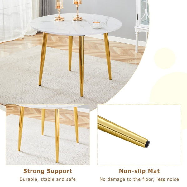 English Elm With Retractable Leaf Round Oval Mdf Top and Sleek Metal Legs Modern Dining Table White+Gold W1151S03870