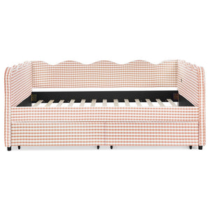 English Elm Full Size Gingham Linen Daybed with Wave Backrest Trundle and Usb Charging Port Pink W1413S00146