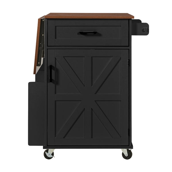 English Elm K&k Farmhouse Rolling Kitchen Cart with Drop Leaf Drawer Open Rack Lockable Wheels Black N707P404539B
