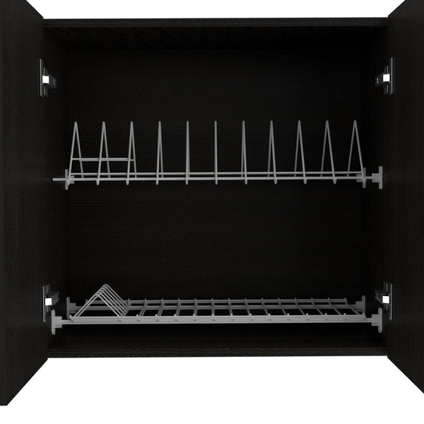English Elm Winslow 150" Wall Cabinet with Built-In Dish Rack, Four Doors, Open Center Shelf, Black Finish B128P148993