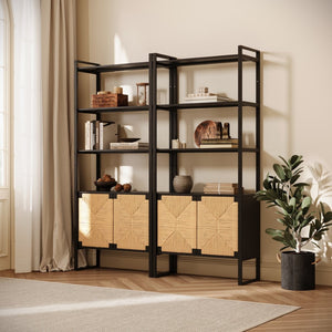 English Elm Natural Rattan Bookshelf with Matte Black Frame Open Display and Closed Storage Cabinet W2263P395493