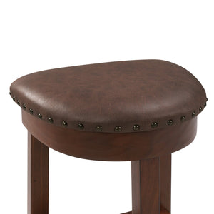 English Elm 4 Piece Bar Table Set with 3 Padded PU Stools, Solid Pine Legs, Oak Veneer Top, Rustic Rivet Accents Cherry W1202P289363