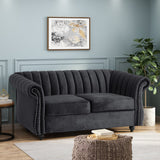 Christopher Knight Home® - Noble House - Glenmont Modern Glam Channel Stitch Velvet Loveseat with Nailhead Trim, Black and Dark Brown