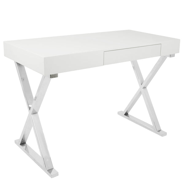 English Elm Luster Gloss Contemporary Desk in White with Chrome X-Legs, Pullout Drawer & Thick Top, 54" B202P223972