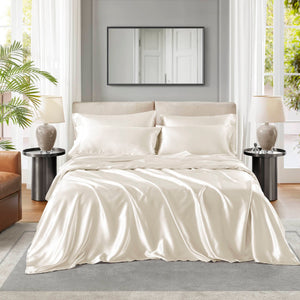 English Elm 4 Luxury Satin Twin Sheet Set - 100% Polyester, Soft Smooth 90g Finish, Deep Pocket Fit & Breathable Comfort Ivory 11.81 L x 9.84 W x 3.15 H B035P319696