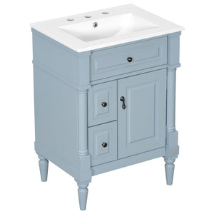 English Elm 24 Inch Freestanding Vanity with Ceramic Sink Rubberwood Frame Matte Finish Storage Blue+Grey N725P356058E