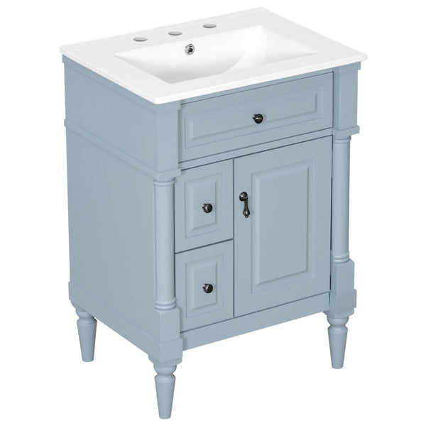 English Elm 24 Inch Freestanding Vanity with Ceramic Sink Rubberwood Frame Matte Finish Storage Blue+Grey N725P356058E