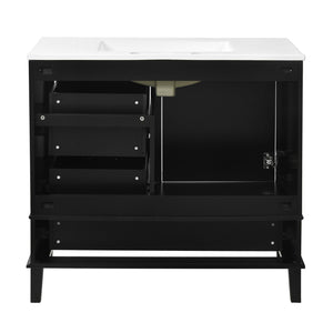 English Elm 36" Black Bathroom Vanity Solid Pine Frame with Soft-Close Door, 3 Drawers, Ceramic Top, Modern Storage Appeal N729P211167B