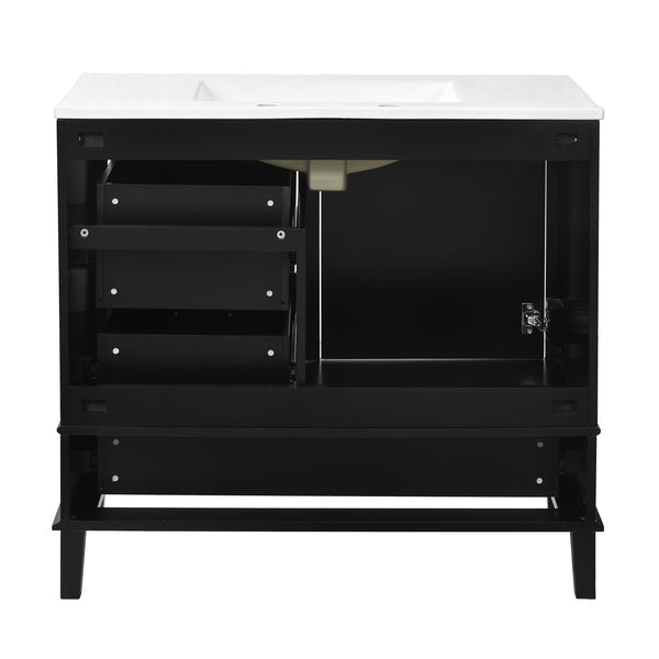 English Elm 36" Black Bathroom Vanity Solid Pine Frame with Soft-Close Door, 3 Drawers, Ceramic Top, Modern Storage Appeal N729P211167B
