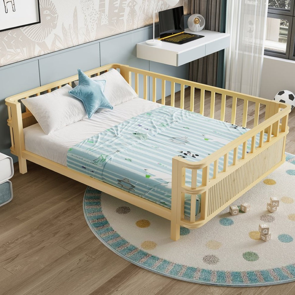English Elm Children's Low Platform Bed Full Size Iron Wood Frame with Safety Railings for Kids W1858P390002