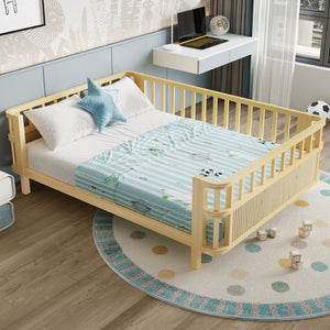 English Elm Children's Low Platform Bed Full Size Iron Wood Frame with Safety Railings for Kids W1858P390002