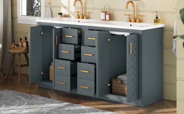 English Elm 60'' Bathroom Vanity Set With Elegant Ceramic Sink, Solid Wood Frame & Ample Storage For Modern Spaces N710SS00002C