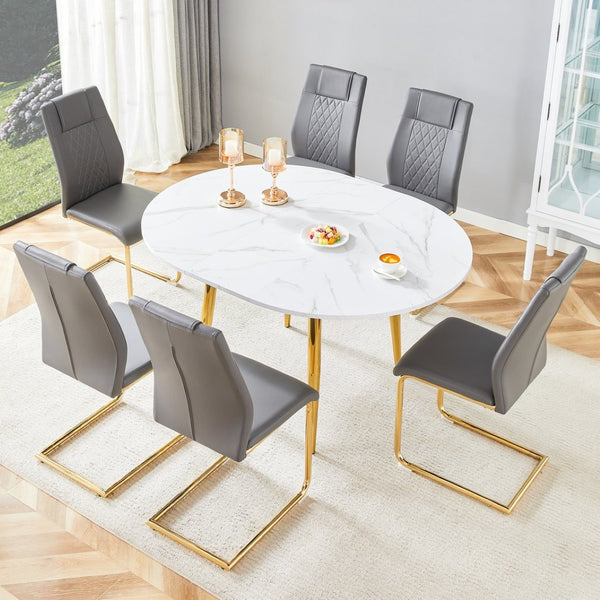 English Elm Table and 6 Chair Extendable Mdf Dining Set with Gold Arched Legs Modern Style Dark Gray,White+Gold W1151S03948