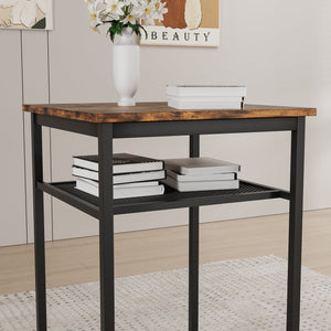 English Elm Bar bar table set with 2 rustic brown stools and backrests, sturdy iron & particleboard, 300/350lbs capacity W57868881