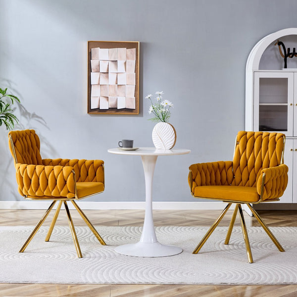 English Elm Set of 2 Velvet Upholstered Dining Chairs Braided Rope Back Glam Metal Legs Gold,Yellow W3875P383935