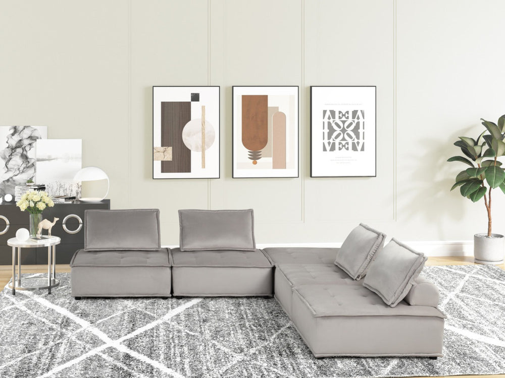 English Elm Aveline Five Piece Modular Sectional Velvet Tufted Low Profile Contemporary Sofa Light Gray B2749S00034