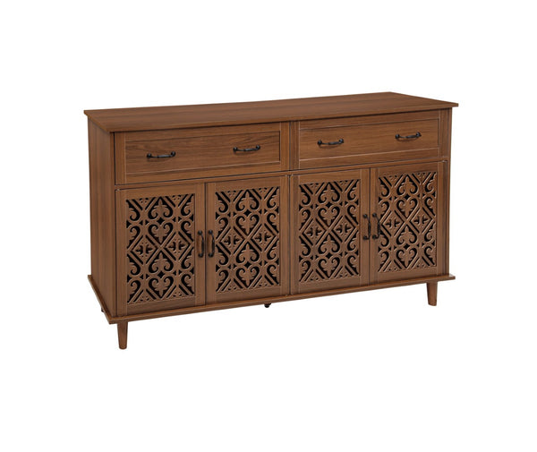 English Elm 4 Door Sideboard Buffet with Hand Carved Geometric Panels Black Oak Finish Raised Legs W688P359947