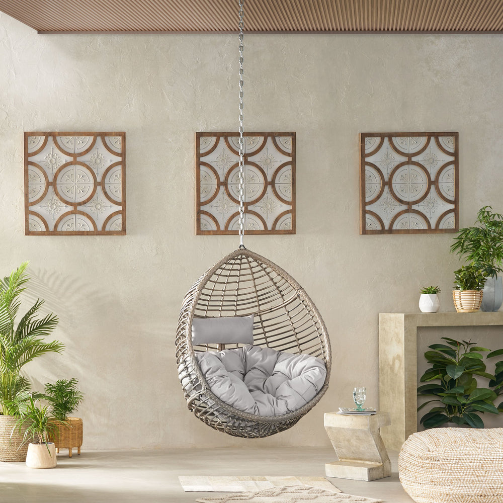 English Elm Christopher Knight Home® - MORRIS Teardrop Hanging Chair with 8ft Chain — Durable Woven Rattan, Water‑Resistant Cushions, Cozy Lounge Grey 70773.00