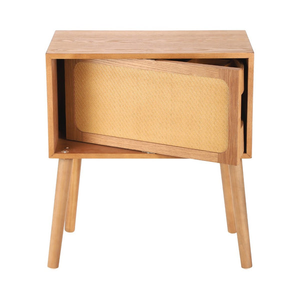 English Elm Rotating Rattan Nightstand Push Open Hidden Storage Mid Century Wood Leg Bedside Natural N761P288451M