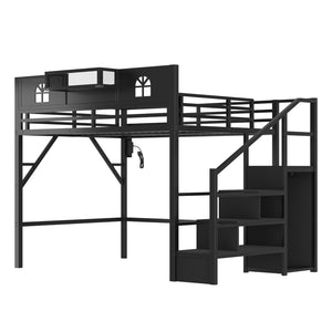 English Elm Metal Queen Loft Bed with L Shaped Desk Wardrobe Led Lighting and Usb for Teens Black W2593S00061