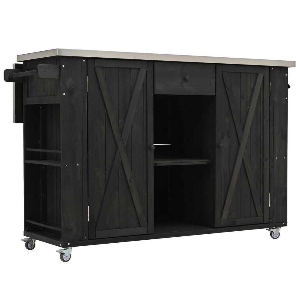 English Elm Outdoor Kitchen Island Solid Fir Wood with Foldable Stainless Top, Ample Storage, Wheels, Opener Black N719P246553B