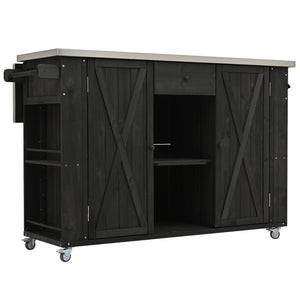 English Elm Outdoor Kitchen Island Solid Fir Wood with Foldable Stainless Top, Ample Storage, Wheels, Opener Black N719P246553B
