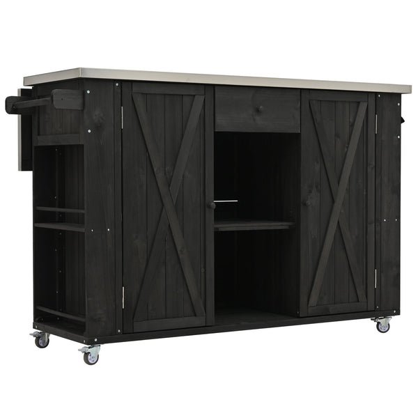 English Elm Outdoor Kitchen Island Solid Fir Wood with Foldable Stainless Top, Ample Storage, Wheels, Opener Black N719P246553B