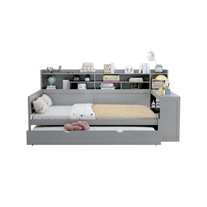 English Elm Wooden Full Size Daybed with Trundle and Built-In Desk, Side Storage Shelves for Space-Saving Rooms Gray 70 L x 18.6 W x 5.5 H N733S242277E