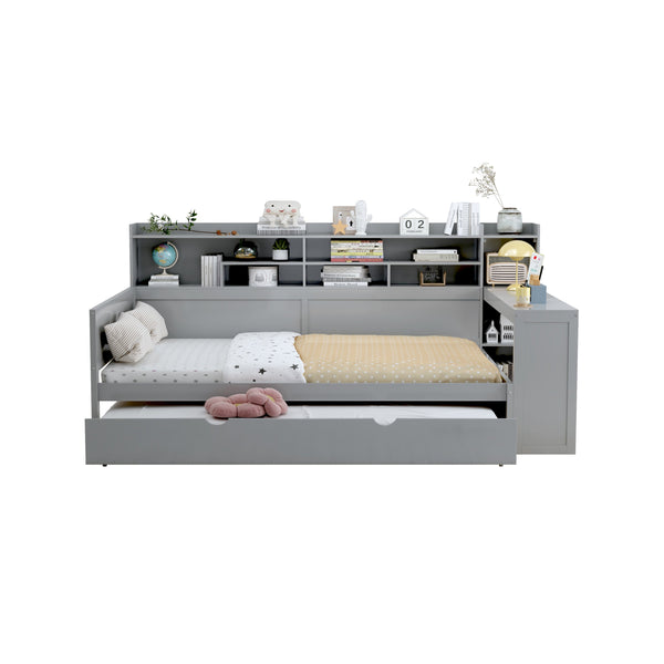 English Elm Wooden Full Size Daybed with Trundle and Built-In Desk, Side Storage Shelves for Space-Saving Rooms Gray 70 L x 18.6 W x 5.5 H N733S242277E