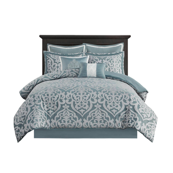 JLA Home Madison Park - 8 Jacquard Comforter Set with Damask Medallion, Satin Sheen, Overfilled Warmth & Aqua Reverse Elegance 92 L x 104 W x 1.5H MP10-8080