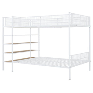 English Elm Twin Twin Over Full Metal Bunk Bed with 5-Tier Staircase Shelves, Space-Saving Storage & Wood Accents White SF000175AAK