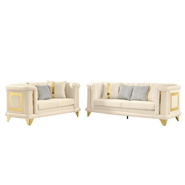 English Elm 2pcs Italian Velvet Tufted Sofa Set with Gold Steel Trim Victorian Glam Living Room W1191S00111