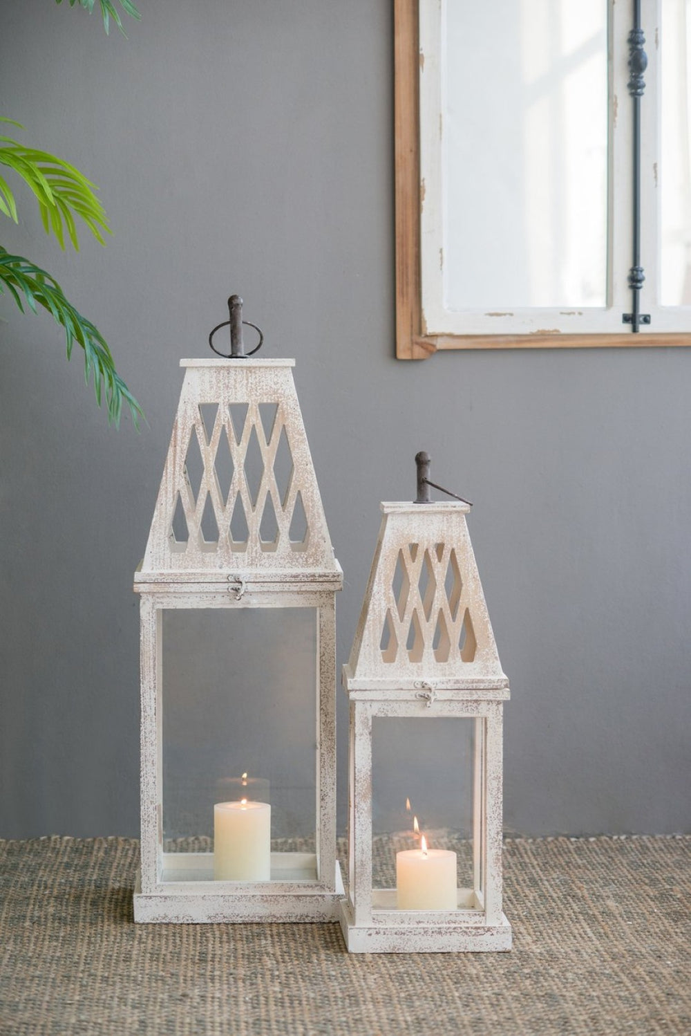 English Elm Set of 2 French Country Fir Wood Lanterns with Carved Lattice Tops Weathered White Finish W2078P495672
