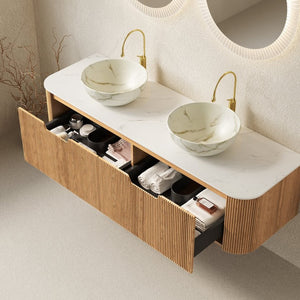 English Elm Dina 60 Inch Floating Bathroom Vanity Sintered Stone Top Dual Glass Basins Wood Grain Natural Wood,White W2615S00696