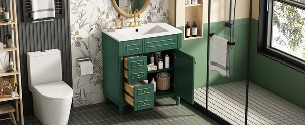 English Elm 30" Bathroom Vanity with Sink — Freestanding Modern Cabinet with Soft-Close Door, 2 Deep Drawers, Durable Basin Green N710P288938F