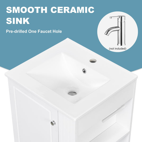 English Elm 20" Freestanding Bathroom Vanity Mdf Cabinet Ceramic Sink Open Shelves Powder Room White N725P364210K