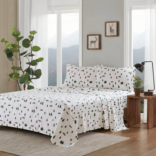 English Elm 4 Pcs King Sheet Set - Cozy Cotton Flannel With Green Trees & Trucks Design For Rustic Charm B035P319769