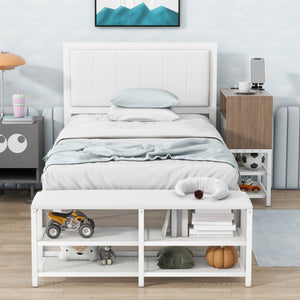 English Elm Twin Metal Platform Bed With Cushioned Footrest, Two-Tier Shelves & Wooden Storage Cabinet, White N737P199330K-GIGA