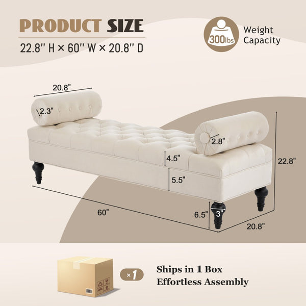 English Elm Modern Tufted Velvet Bench with Gourd Legs and Pillows for Bedroom Entryway Beige N761P335807W
