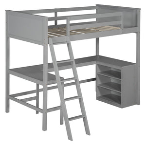 English Elm Twin Loft Bed with Built-in Desk and Open Shelves Solid Pine Kids Study Sleep Gray LT001537AAE-1