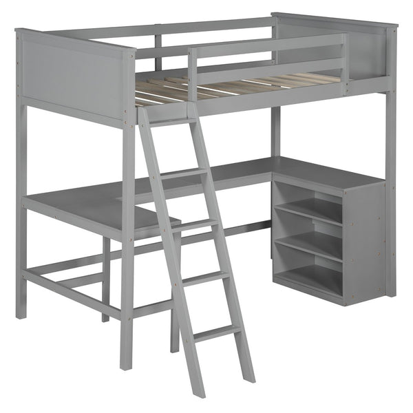 English Elm Twin Loft Bed with Built-in Desk and Open Shelves Solid Pine Kids Study Sleep Gray LT001537AAE-1