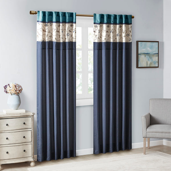 JLA Home Madison Park - Embroidered Curtain Panel with Timeless Floral Stitching, Lined Light-Filtering Drapery for Elegance Navy MP40-4209