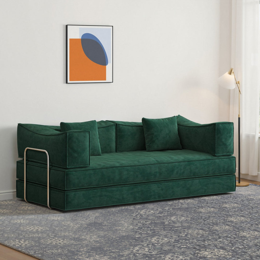 English Elm 78.8 Modular Convertible Pudding Block Sofa Bed with Removable Backrest, Corduroy Cover, Armrests, Green W3147P278141