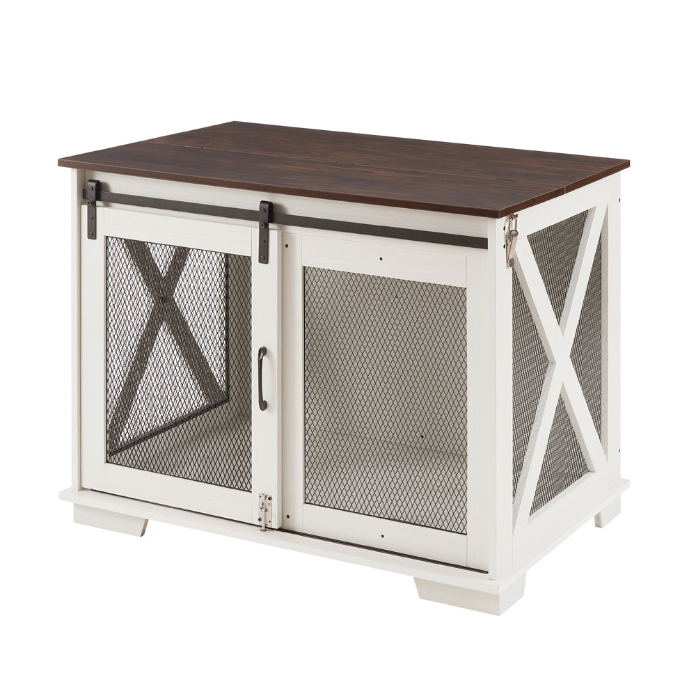 English Elm Farmhouse Dog Cage Crate Furniture with Sliding Barn Door, Secure Metal Latch, Flip-Up Top Access and Removable Divider for Small to Large Dogs (40.94x30.51x6.69) White W2275P164726