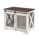 English Elm Farmhouse Dog Cage Crate Furniture With Sliding Barn Door, Farmhouse Wooden Dog Kennel End Table With Flip-Top Plate Dog House With Detachable Divider For Small/Medium/Large Dog White