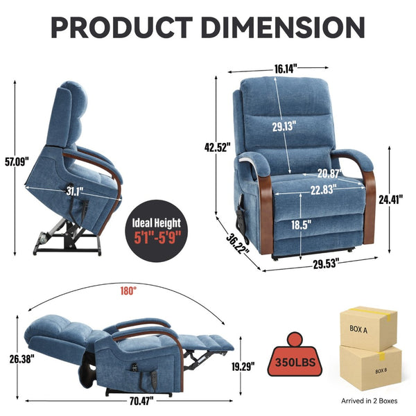 English Elm Power Lift Recliner Chair Chenille Upholstery Dual Motor Heat Massage Solid Wood Arms Blue W1803S00067