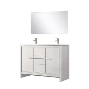 English Elm White Double-Sink Vanity Set With White Quartz Top, Brushed Nickel Faucets & Matching 43" Mirror B2731S01714-GIGA